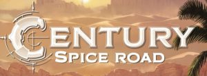 title work for the board game Century: Spice Road, depicting the sun setting over a sandy trade route in the spice road era